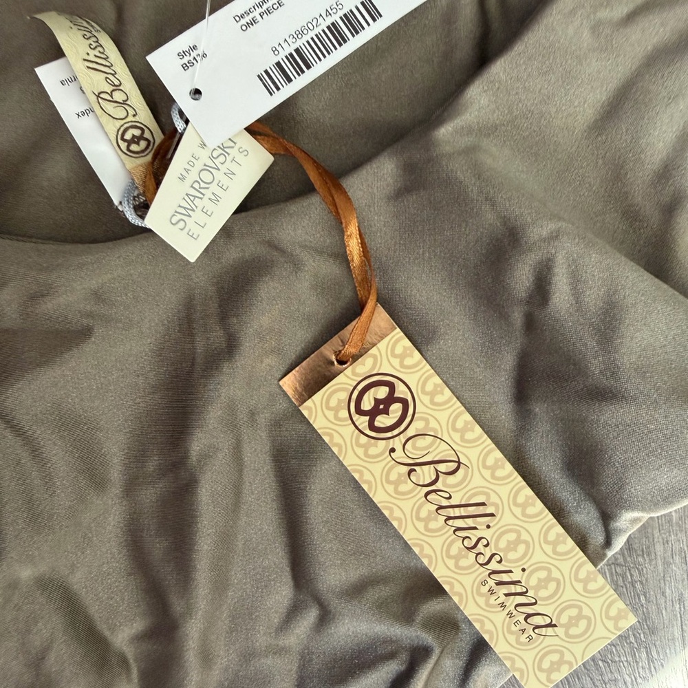 Bellissima Swimsuit NWT Swarovski Crystals Vneck One Piece Gray/Brown Wms Med - Picture 4 of 7